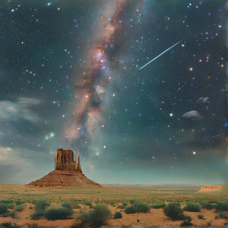 A lone red rock mesa rises from scrubby desert sand under a vivid Milky Way and a streaking shooting star.
