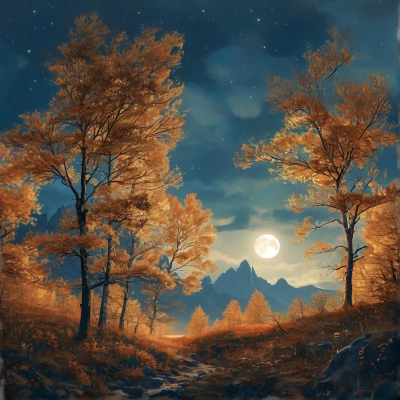 Autumn Moonlit Mountain Landscape