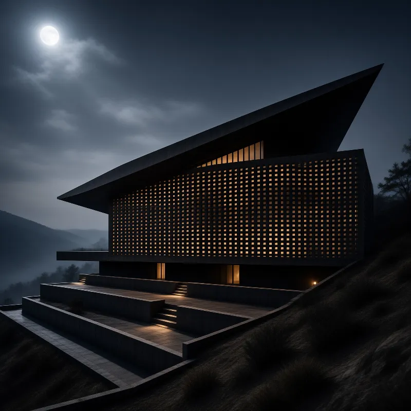 A sharply roofed modern home on a dark hillside, its perforated wall lit from within beneath a bright moon.