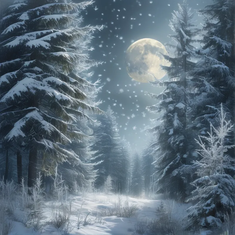 A large luminous moon hangs in a starry sky above a dense forest of pine trees laden with thick winter snow.