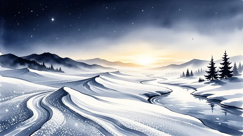 A calm watercolor night scene of snow drifts and a curving frozen creek, lit by a faint dawn glow and scattered stars.