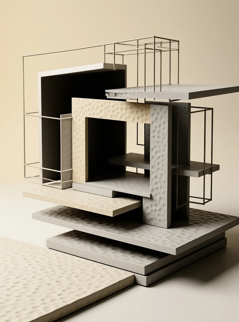 Dimpled plaster slabs and thin metal cage frames interlock in a minimalist 3D composition on a warm beige backdrop.