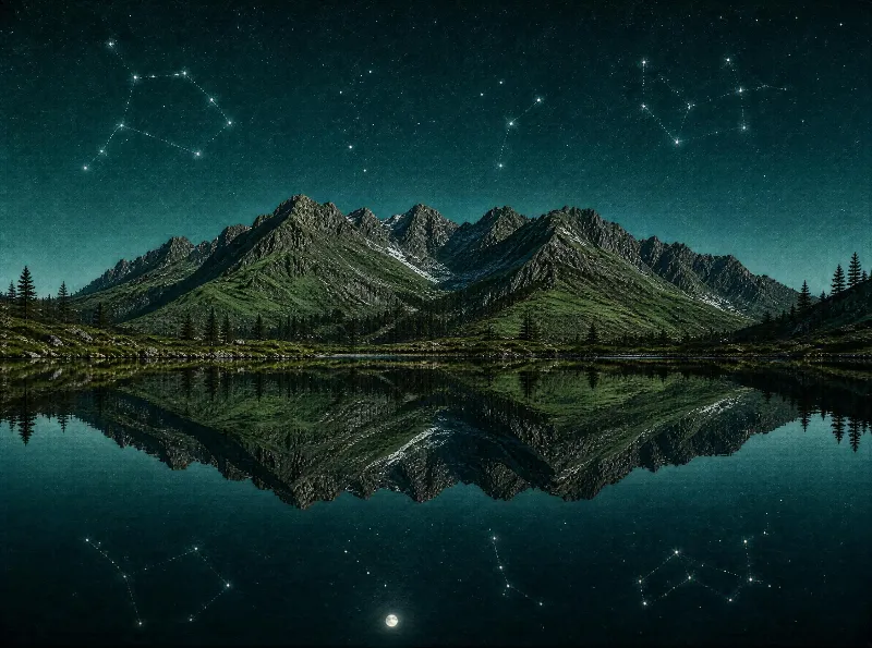 A mountain range reflected in a calm lake under a starry night sky with constellations visible
