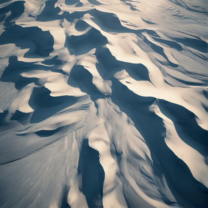 Aerial view of pale sand dunes shows wind carved ridges and deep cool blue shadows across the rippled undulating terrain.