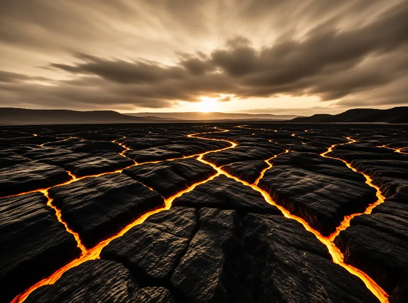 Cracked solid black lava slabs form a plain split by glowing orange molten channels running to the horizon beneath a cloudy warm sunset sky.