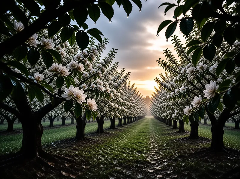 Rows of white apple blossoms line a grass corridor that leads to a low sun behind cloud.
