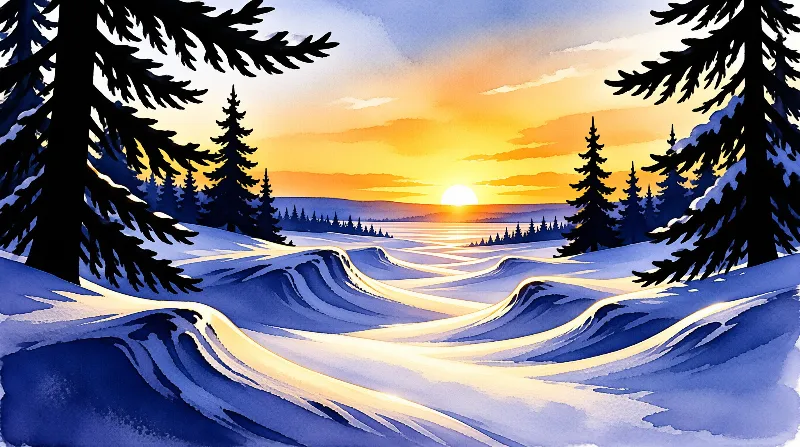 Rolling snow hills stretch toward a bright sun setting behind distant pine trees while dark silhouettes frame the sides.
