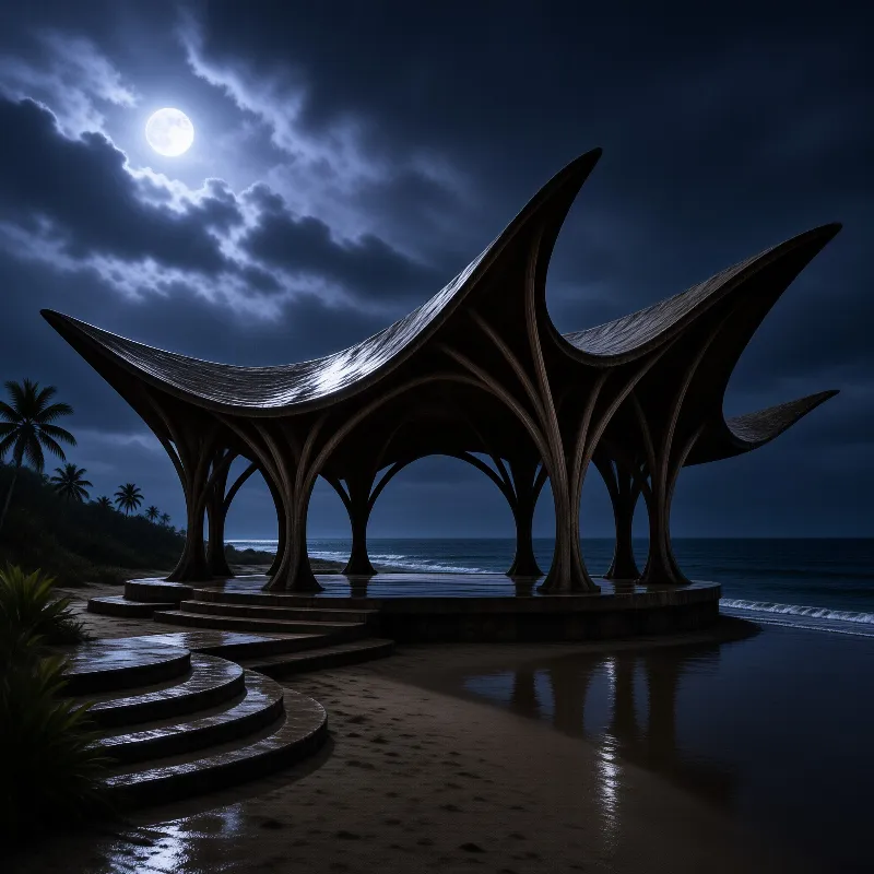 A flowing wooden canopy pavilion stands on a wet tropical beach beneath a bright full moon and drifting clouds