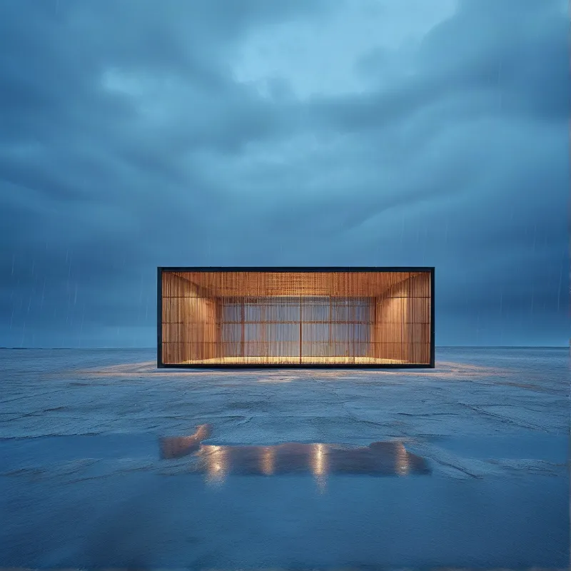 A long wooden slat pavilion glows amber on a wet salt flat while rain streaks a brooding blue sky.