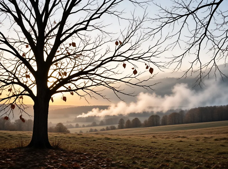 A lone bare tree stands dark against sunrise haze drifting through rolling fields and a distant treeline.