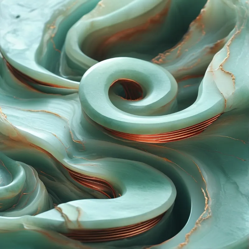 Softly lit smooth pale teal agate forms flowing coiled shapes with warm bronze and gold mineral streaks running through its layered surfaces.