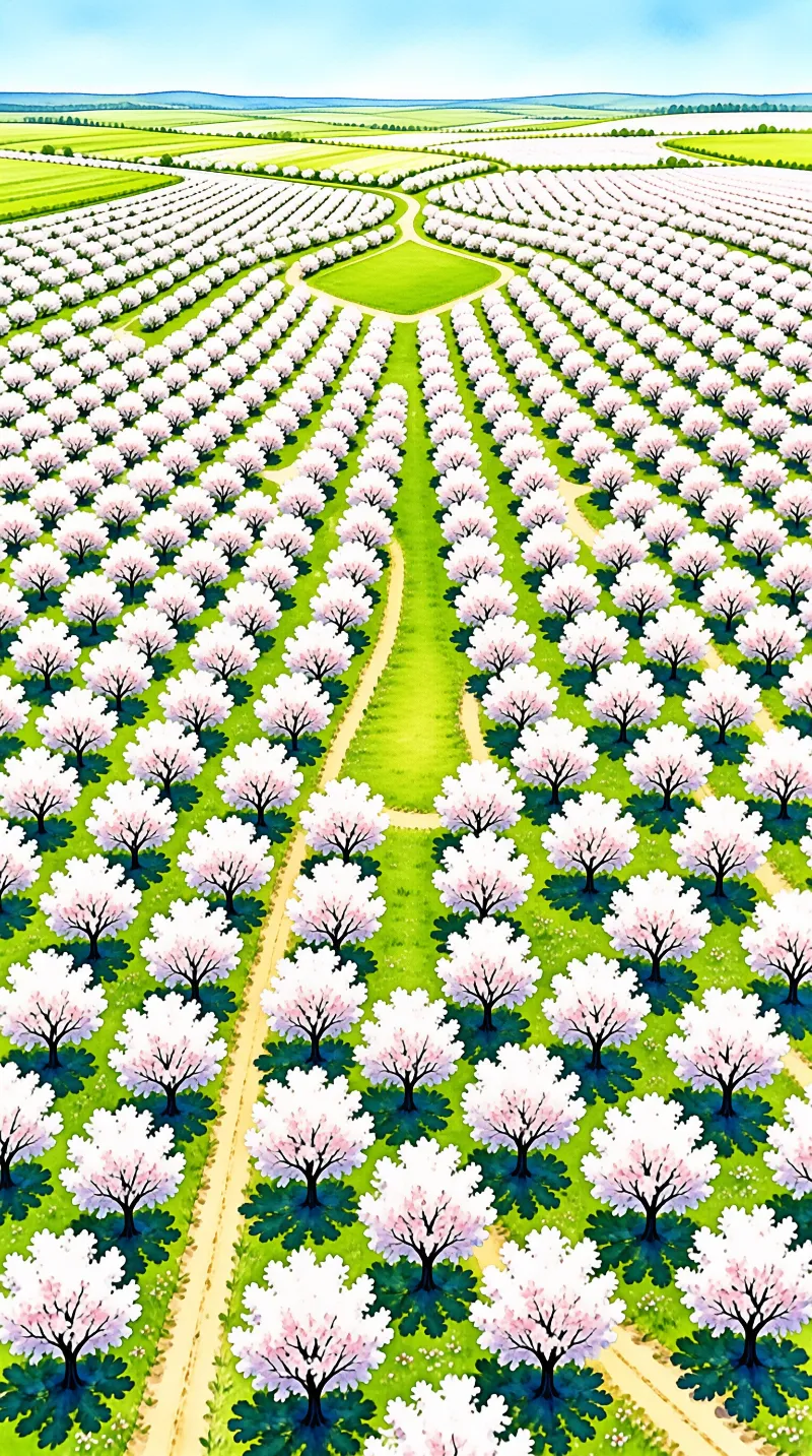 Rows of white blossoms stretch across a green orchard with winding yellow paths leading to distant hills under a bright sky.