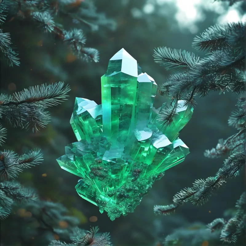 A large green crystal formation is surrounded by icy pine needles in a misty forest setting with soft lighting.