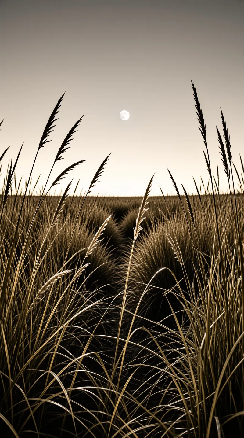 A slim cut path leads through waist high golden grass toward a delicate moon in the hazy sky