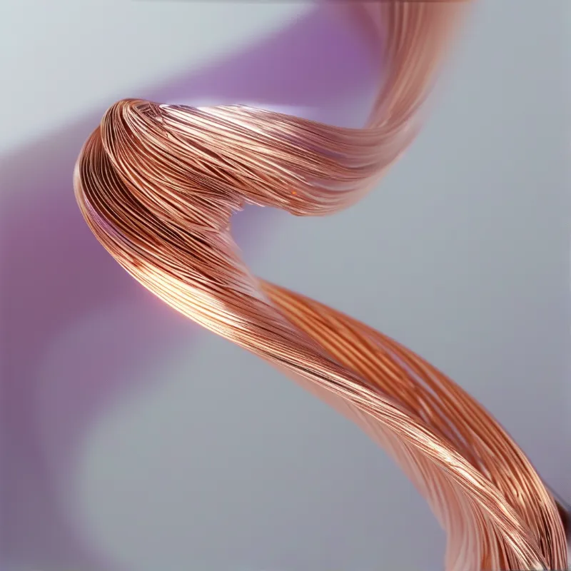 Bundled copper wires curl into a smooth wave against a soft lavender background.