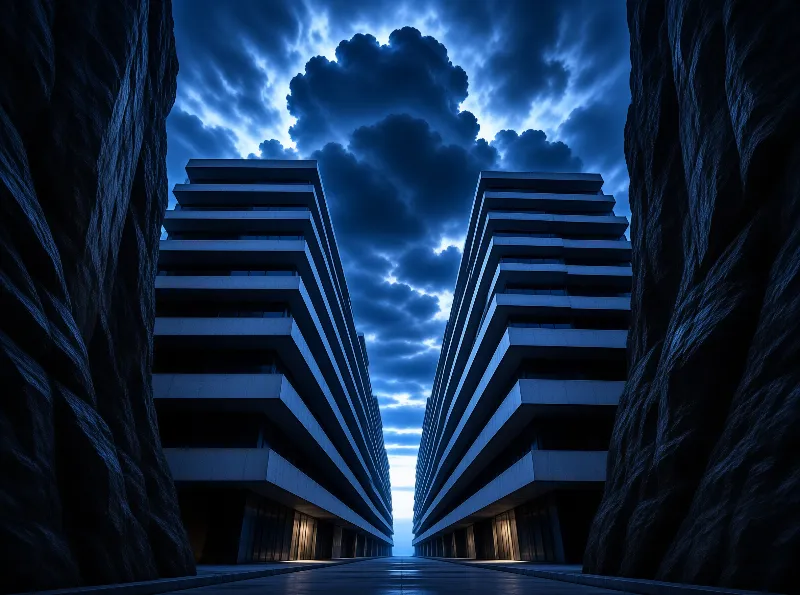 Two angular office blocks stand in a narrow canyon between dark rock walls under heavy blue clouds.