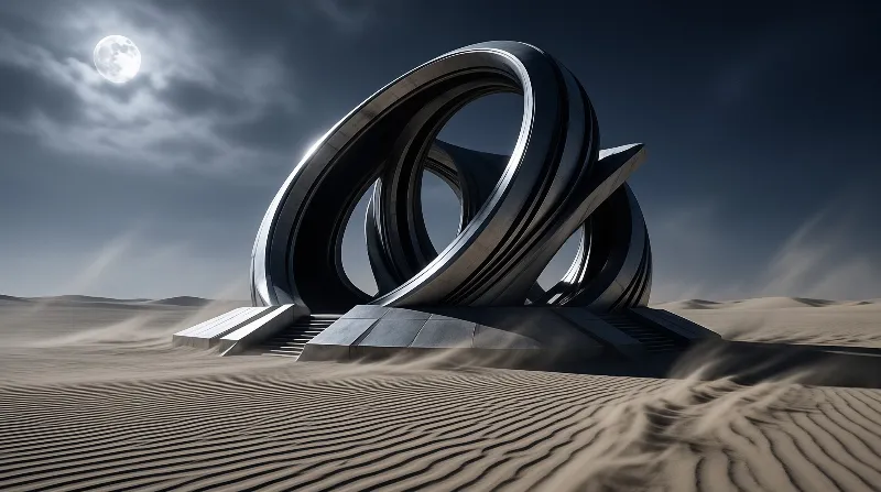 A monumental interlocking steel ring sculpture stands on rippled desert sand beneath a soft full moon and drifting clouds.
