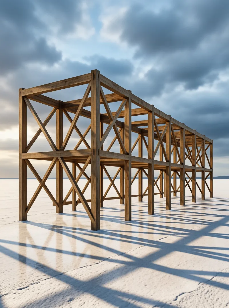 An open wooden lattice structure stands on a bright white expanse casting long striped shadows beneath a cloudy sky.