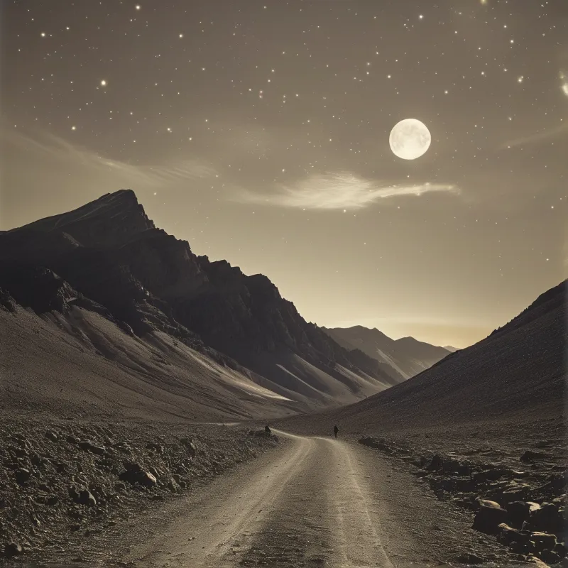 A solitary figure walks a winding dirt road through arid mountains beneath a star-filled night sky with a bright full moon.