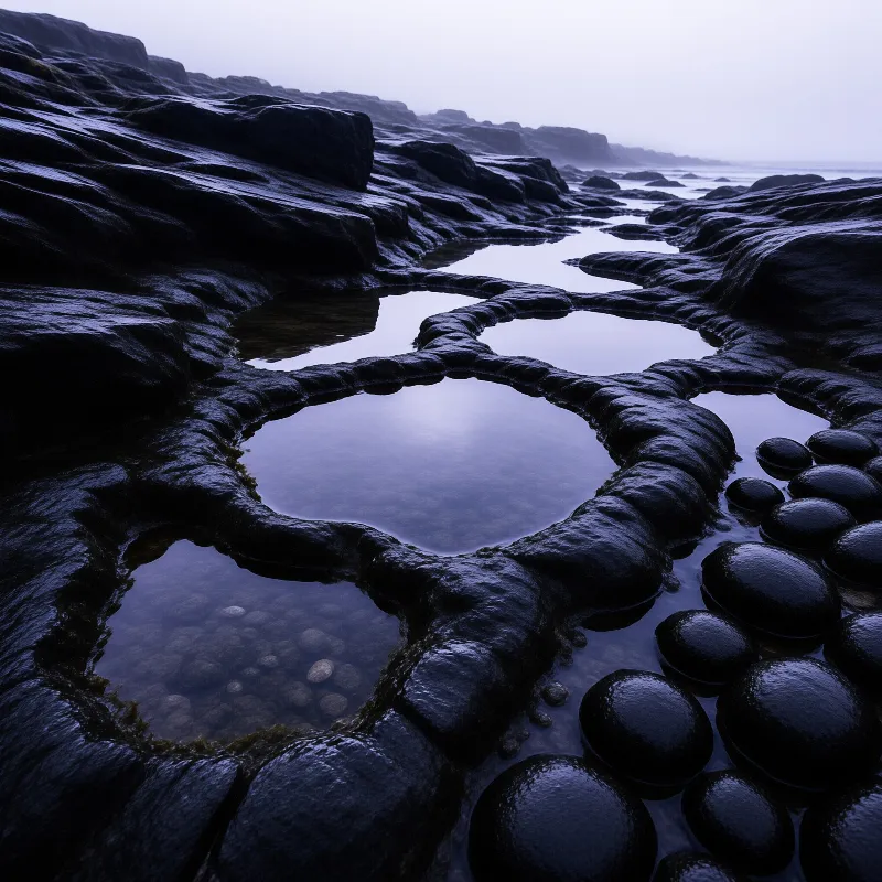 Dark wet rocks form natural pools of calm water reflecting a pale sky along a rugged shoreline.