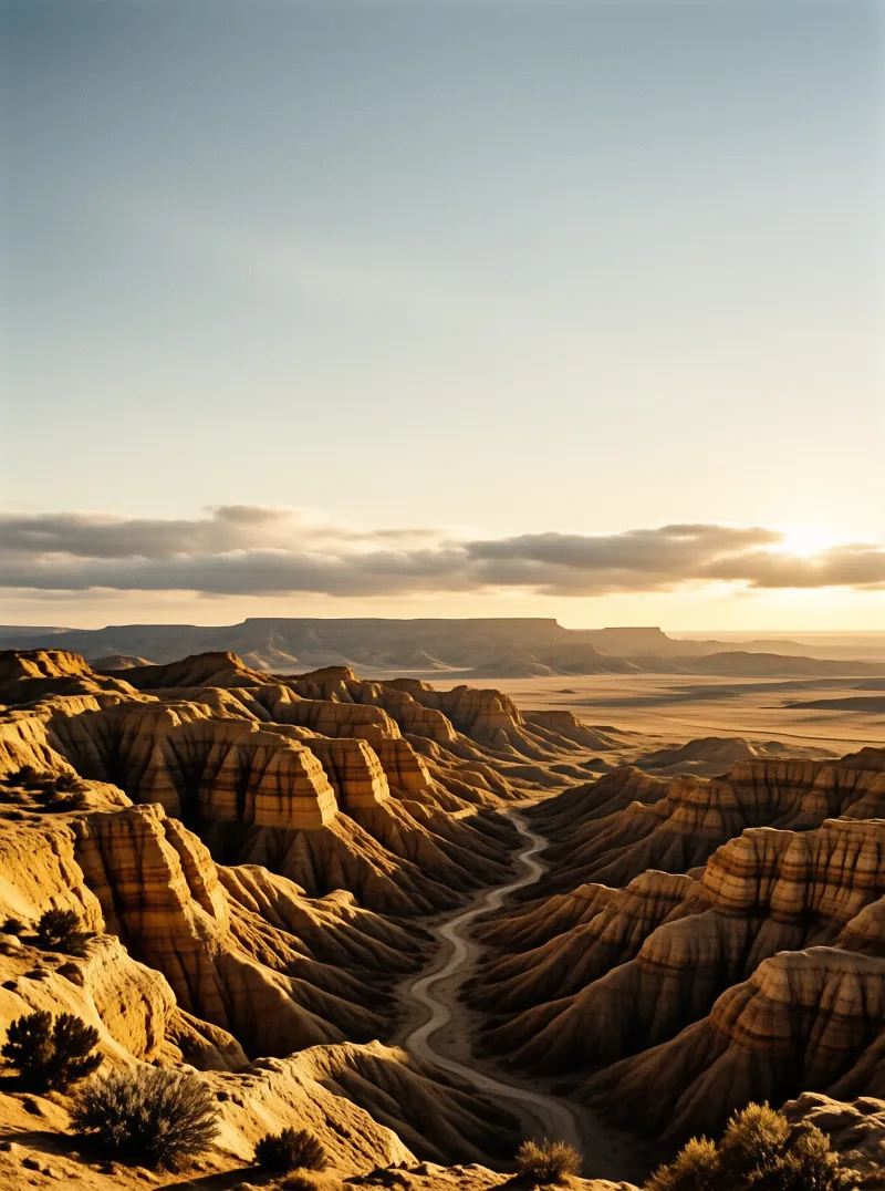 Layered eroded desert badlands hills surround a curving gully, under hazy warm setting sun, with flat distant plateaus stretching to the horizon.