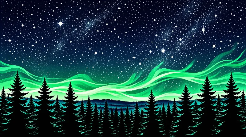 Green northern lights ripple above black pine silhouettes beneath a dense star filled night sky