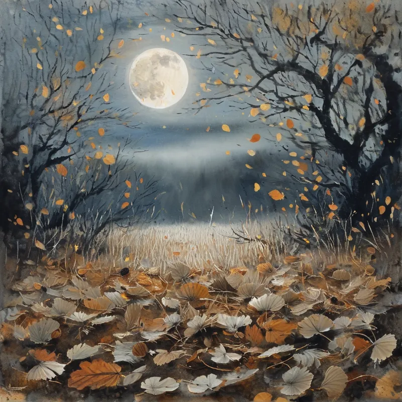 A luminous full moon hangs above a forest of bare trees with scattered orange leaves under a pale blue sky.