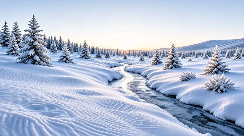 A partially frozen stream flows gently through a landscape of deep snow and evergreen trees during a soft golden sunrise.