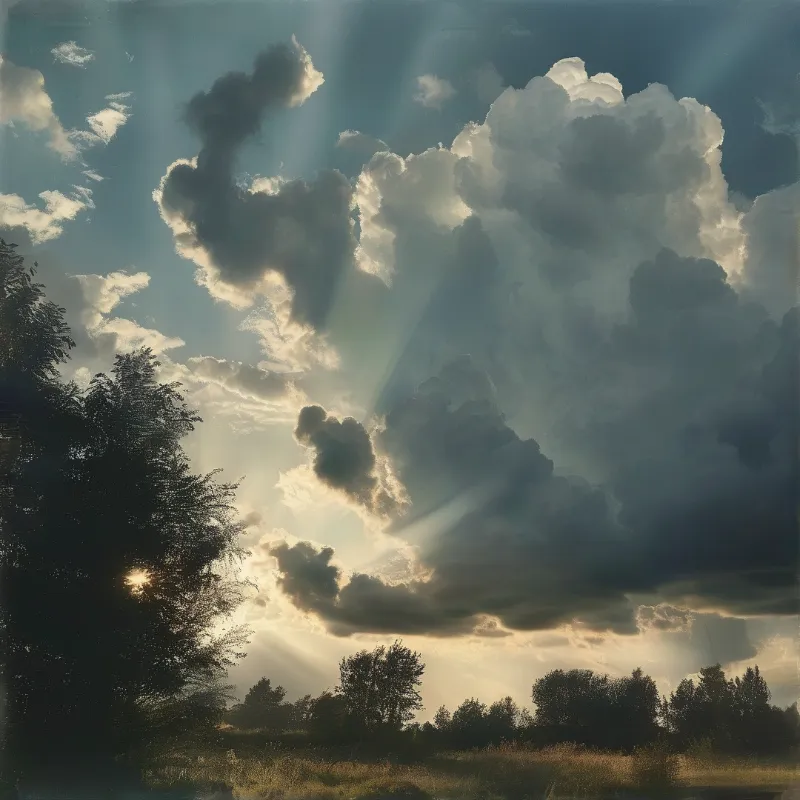 Voluminous cumulus clouds fill the sky as bright sunbeams break through them to illuminate the silhouettes of trees below.