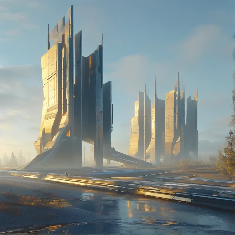Tall concrete slabs with sharp fins stand on a wet plaza, their faces catching pale gold light through haze.