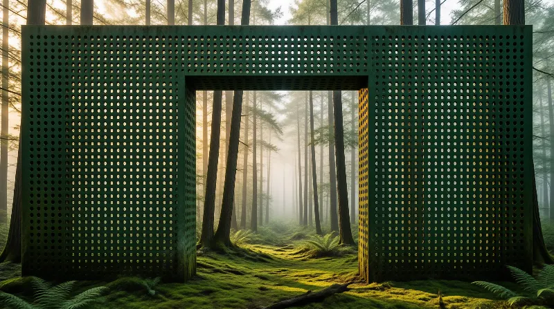 A large green perforated metal gate stands in a dense forest illuminated by soft golden sunlight filtering through the trees.
