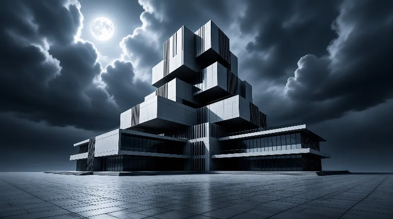 A stepped monument of cantilevered grey blocks rises against dark clouds, lit from behind by a low full moon.