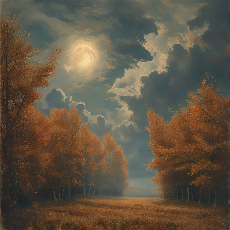 A dirt road stretches through orange trees under a cloudy sky with a large bright moon shining above.