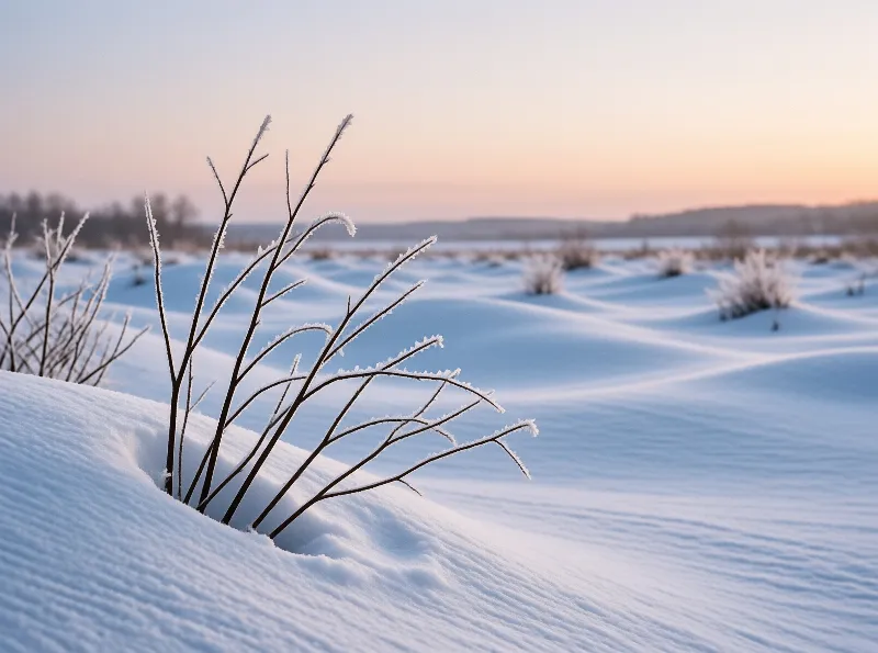 Frost-covered dark branches stand out against rolling white snow drifts beneath a soft pastel sunrise sky.