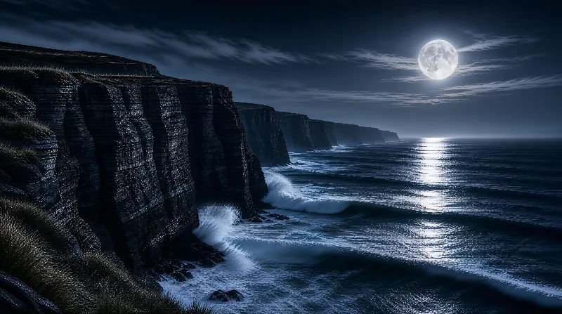 Night Cliffs by the Sea with Full Moon
