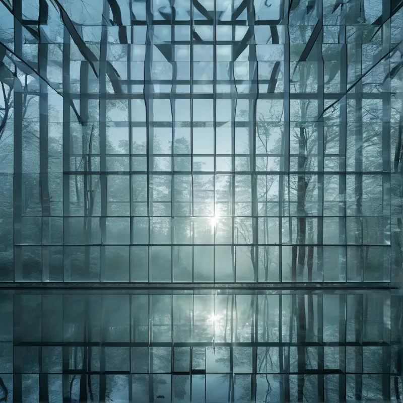 Blue tinted glass panels reflect a sunlit forest with tall trees and bright light shining through the canopy in a cool tone.