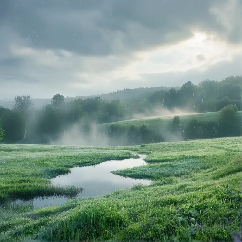 A quiet puddle mirrors the brightening sky as rain streaks fall across misty green pastures and a distant tree line.