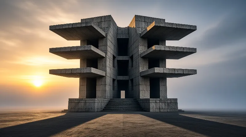 A symmetrical geometric concrete building stands alone on a vast flat plain under a golden sunset sky.
