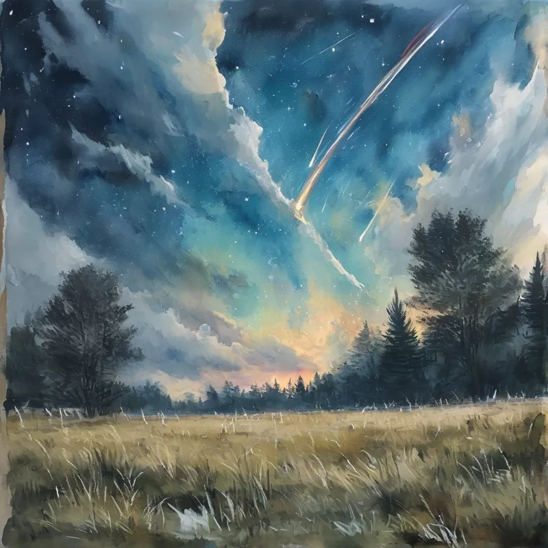 A painted night sky shows a bright meteor streaking above a golden meadow and dark pine trees