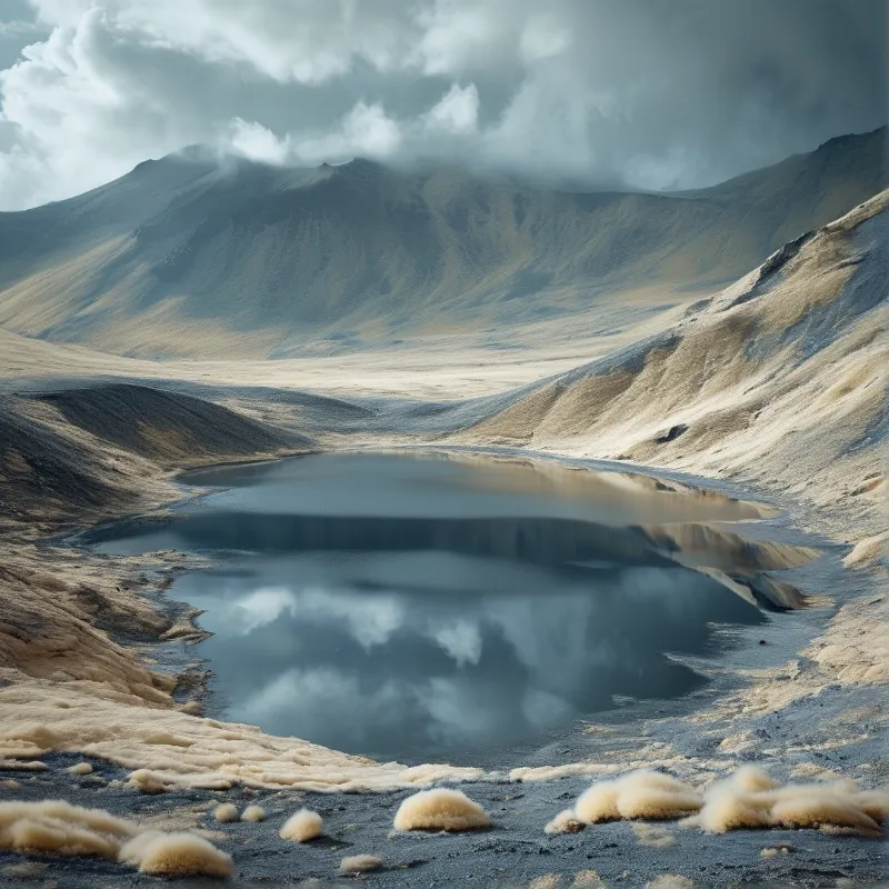 A mirror crater salt lake rests in a barren volcanic basin, reflecting overcast clouds, with pale salt clumps along its shore.