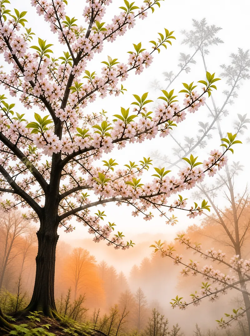A blossoming cherry tree with pink flowers and green leaves stands in a foggy forest lit by warm golden light.