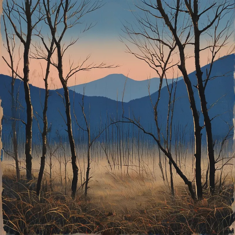 Leafless trees stand in the foreground while deep blue mountains rise against a soft pink and orange sky.