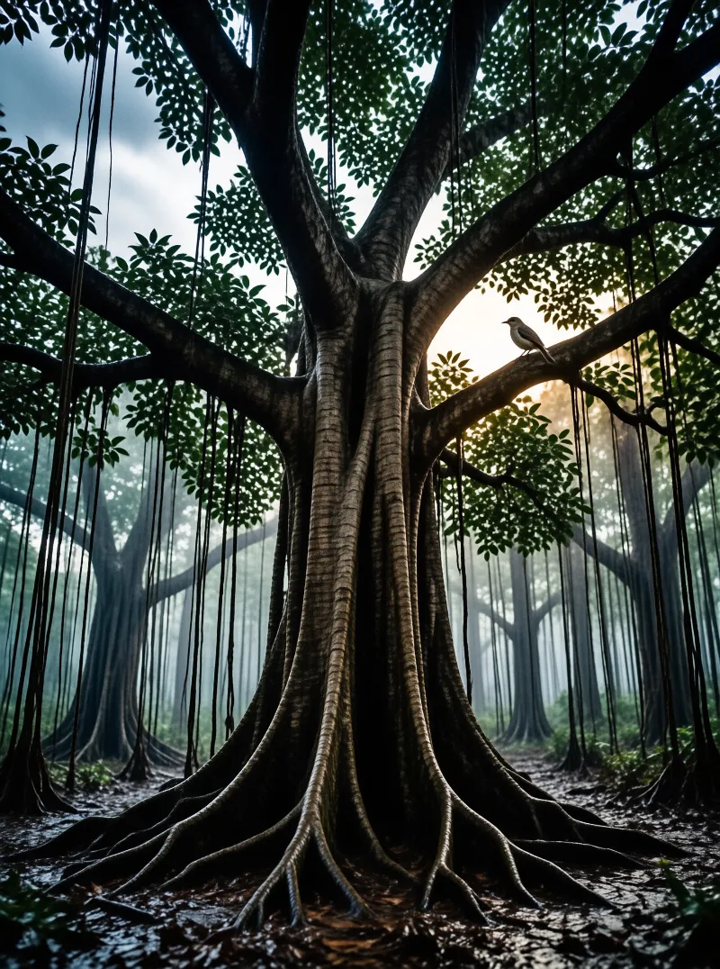 A large banyan tree with hanging roots stands in a foggy forest while a small bird rests on a branch.