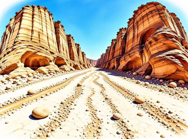 Banded sandstone walls rise on either side of a dry desert wash scattered with round boulders under a bright blue sky.