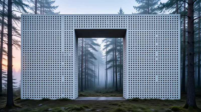 A white perforated rectangular wall with a central opening stands in a foggy pine forest at dawn, with warm light visible at the left edge of the frame.