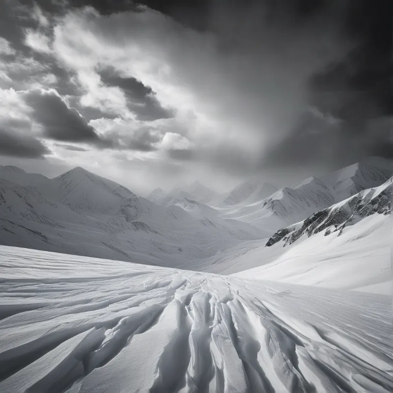 A monochrome view of snowy mountain ridges and rippled ice surfaces under a heavy cloudy sky.