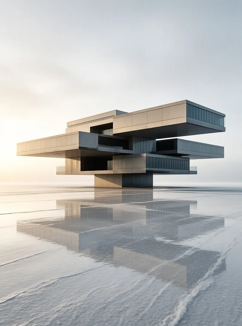 A stacked concrete structure rests above a wet salt flat under a pale gradient sky.