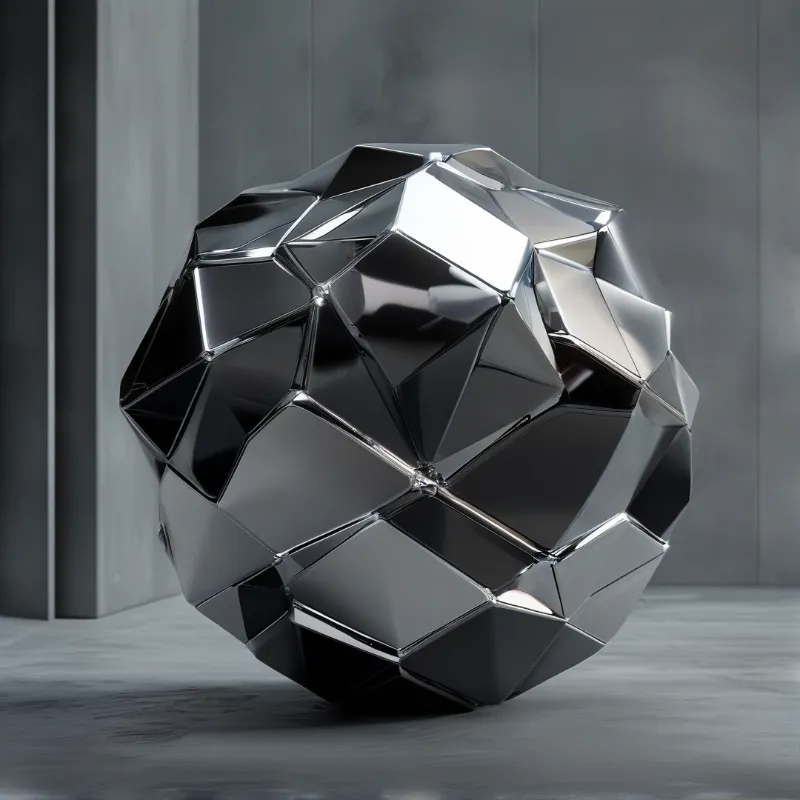A mirror black geometric sphere sits in a bare grey hall, its facets splitting the light into hard planes.