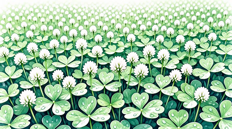 Illustrated clover blossoms rise above heart shaped green leaves dotted with rain drops, fading into a bright haze.