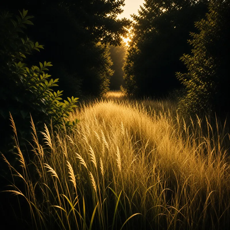 Tall golden grass lines a forest path as warm sunlight filters through the trees, illuminating the meadow ahead.